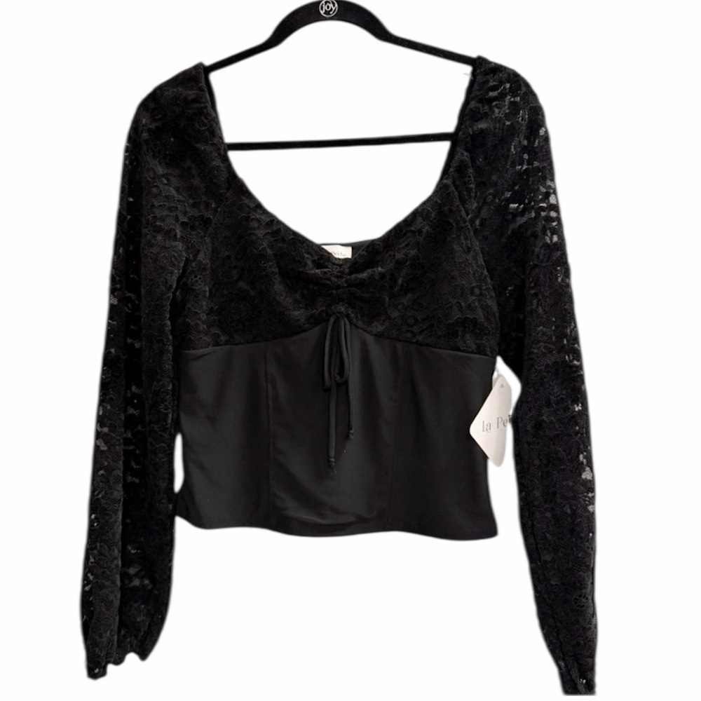 NWT LA PECHE Wide Neck Off the Shoulder Corset Blouse Lace Sleeves Black XL